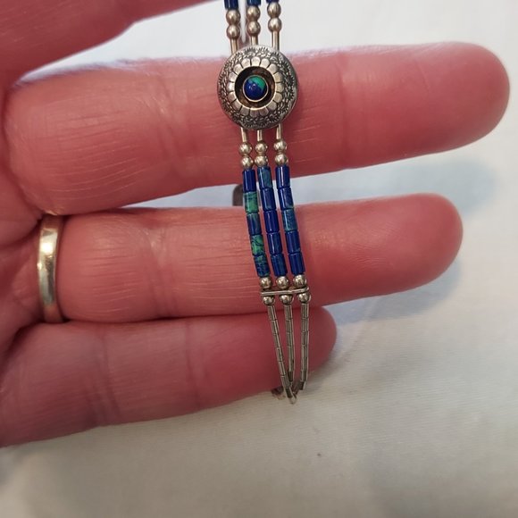 Chrysocolla three strand bracelet in Sterling Signed QT .925 - Picture 2 of 5
